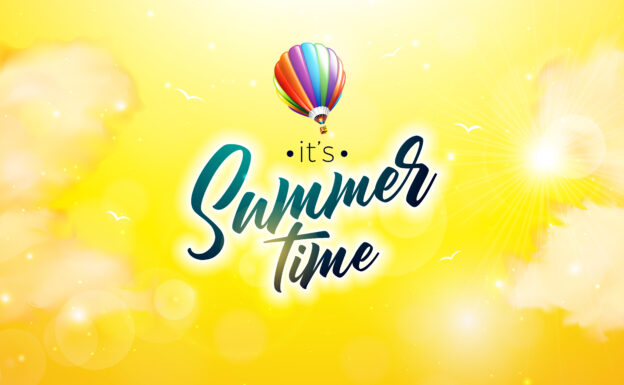 Summer Time Design with Colorful Air Balloon and Cloud on Sun Yellow Background. Vector Illustration with Typography Lettering and Phylodendron Leaf for Banner, Flyer, Invitation, Brochure, Poster or Greeting Card.